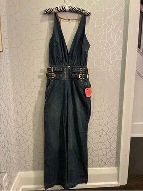 APPLE BOTTOMS BY NELLY denim Y2K jumpsuit open back gold chains wide leg NWT